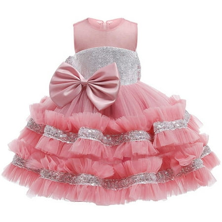 

TUOBARR Summer Savings Clearance! Ball Gown Dresses for Girls Flower Toddler Baby Girls Wedding Pageant Layered Dresses Birthday Party Bow Mesh Lace Princess Dress Pink 90