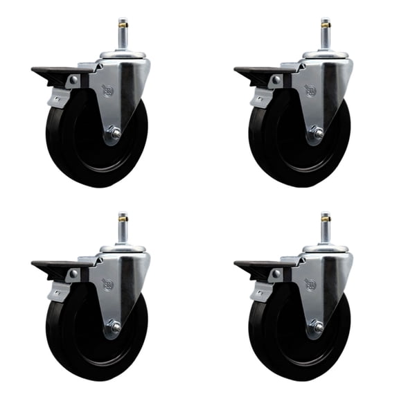 5 Inch Hard Rubber Wheel Swivel 7/16 Inch Grip Ring Stem Caster Set with Brake