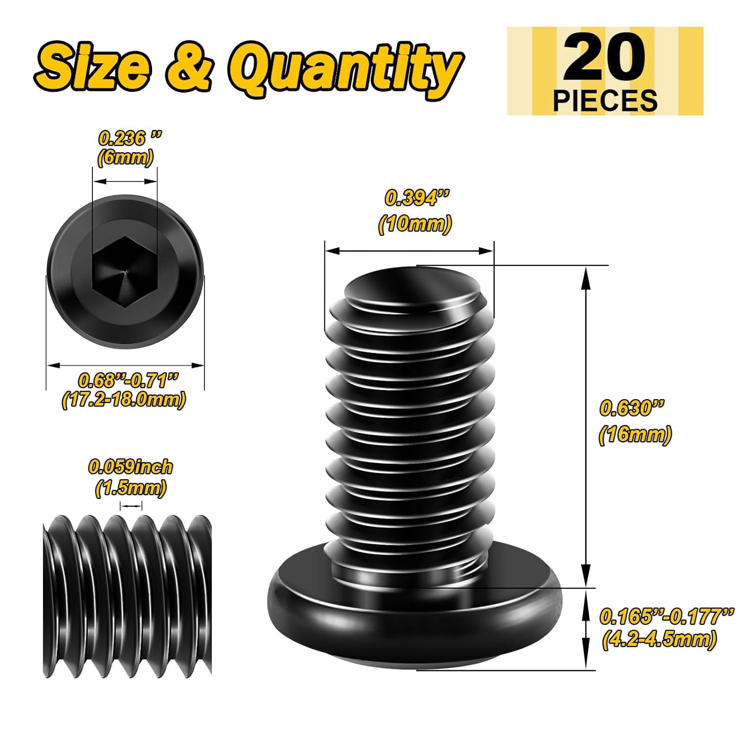 10 16 20-piece flat head hexagon screws bolts, 304 stainless steel furniture screws full thread with hexagon wrench, black oxidized