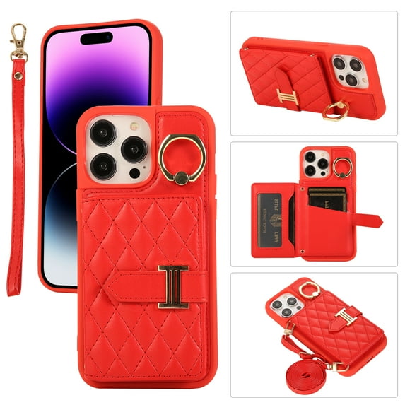 for iPhone 13 Pro Max 6.7" Detachable Shoulder Strap Wallet Case, with Card Slots & 360-degree Rotation Stand Ring Flip Premium PU Leather Protective Cover Lanyard for Women Girls, Red