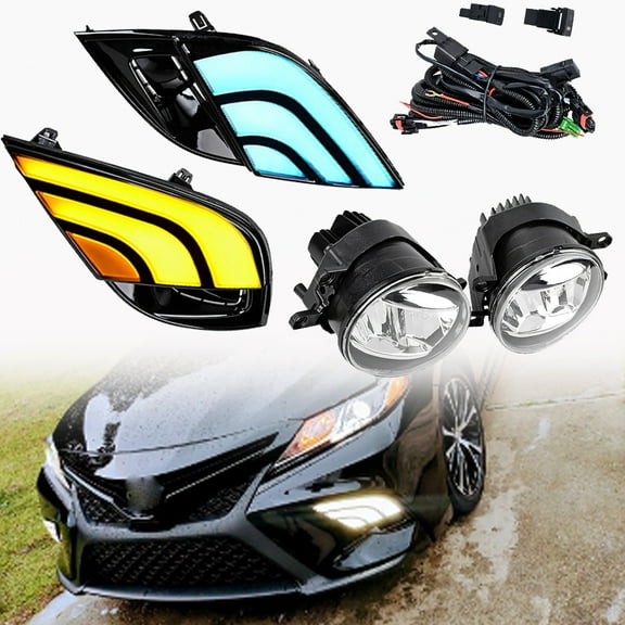 Astra Depot Pair of Car LED DRL Daytime Running Lights with Yellow Turn Signal Fog Light Assembly & Fog Lamp For Toyota Camry XSE SE 2018 2019 2020