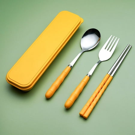 

3Pcs/set Portable With Storage Box Reusable Stainless Steel Cutlery Set Tableware Spoon Fork Chopstick Kits Dinnerware YELLOW