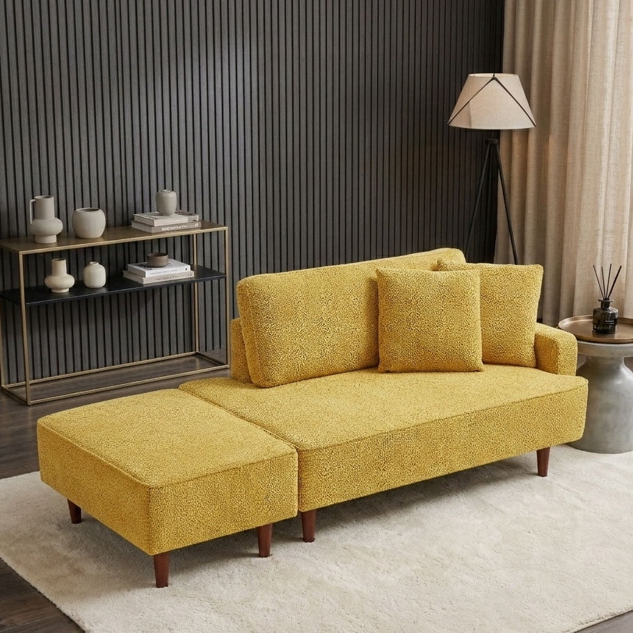 Aukfa 2 in 1 Chaise Lounge Chair with Ottoman & 2 Throw Pillows,Oversized Boucle Lounge Reading Chair for Living Room/Bedroom,Yellow