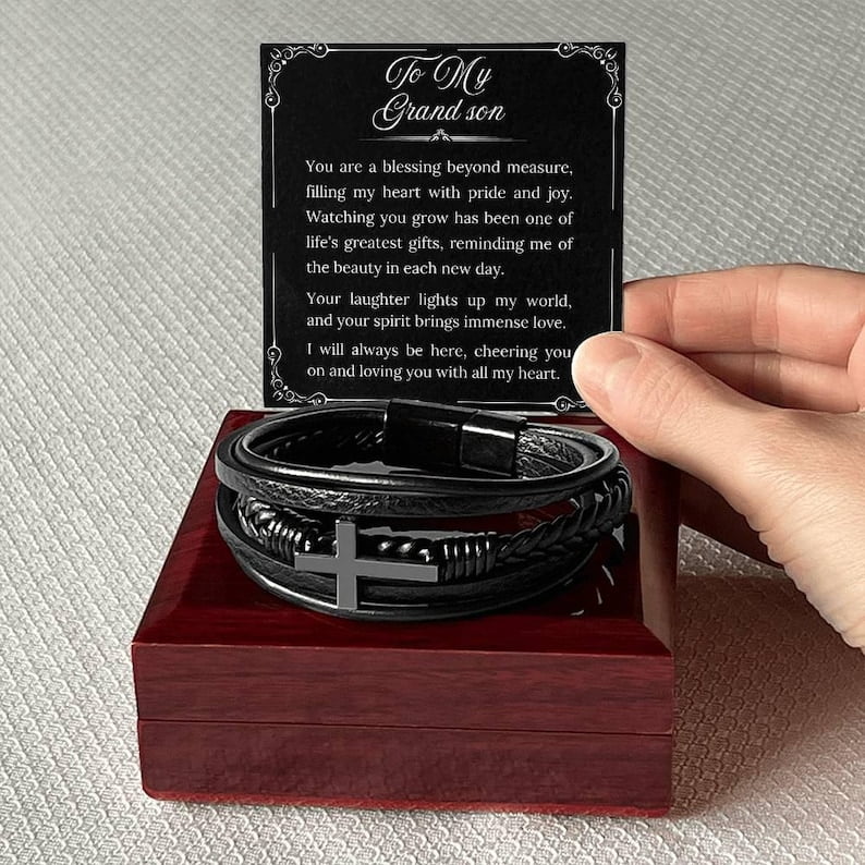To My Grandson Bracelet from Grandmother/Grandfather, To My Grandson Gift, Bracelet for Grandson, Religious Gift, Grandparent to Son Gift, Cross Bracelet for Grandson with Message Card and LED Box