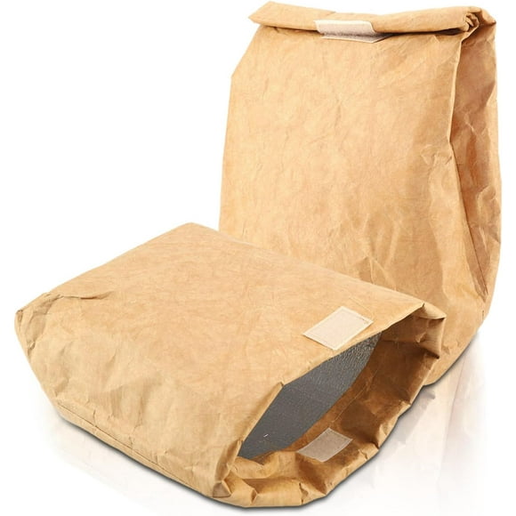 shiyou-2Pcs Brown Lunch Sacks, Retro Reusable Paper Bags, Foil Insulated Lunch Bag for Home Kitchen