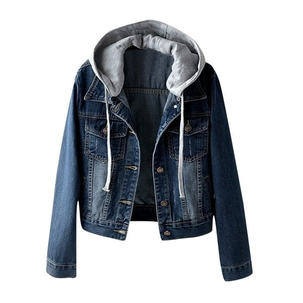 Hanzidakd - Chaquetas de talla grande para mujer, abrigos de invierno y otoño, de manga larga, estilo vintage, con capucha, botones, bolsillo, vaqueros desgastados, cárdigan informal para chicas