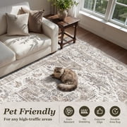 SIXHOME 9x12 Washable Area Rug for Living Room Vintage Medallion Distressed Carpet Soft Low Pile Large Rug for Bedroom Dining Room Office Retro Indoor Home Decor Taupe