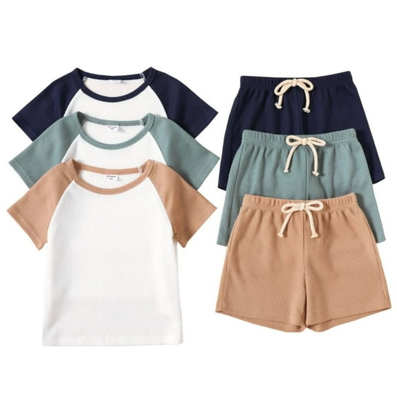 PatPat Toddler Boys Clothes Baby Boy Outfit Sets Kids Waffle Color Block Raglan Sleeve Tee & Solid Shorts Set,2-Piece, Brown,18-24M