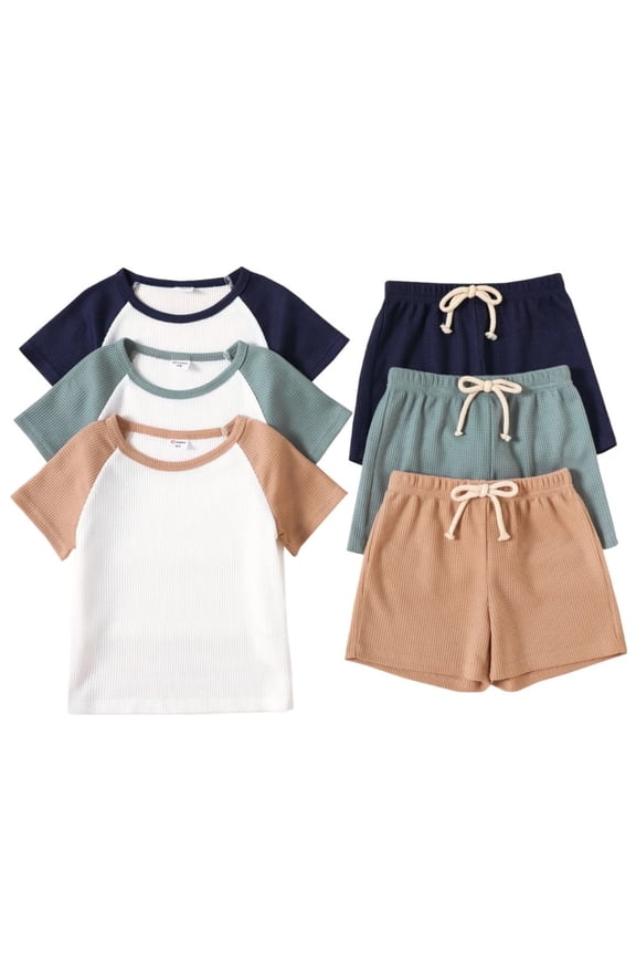 Toddler Boys Clothes Baby Boy Outfit Sets Kids Waffle Color Block Raglan Sleeve Tee & Solid Shorts Set,2-Piece, Brown,18-24M