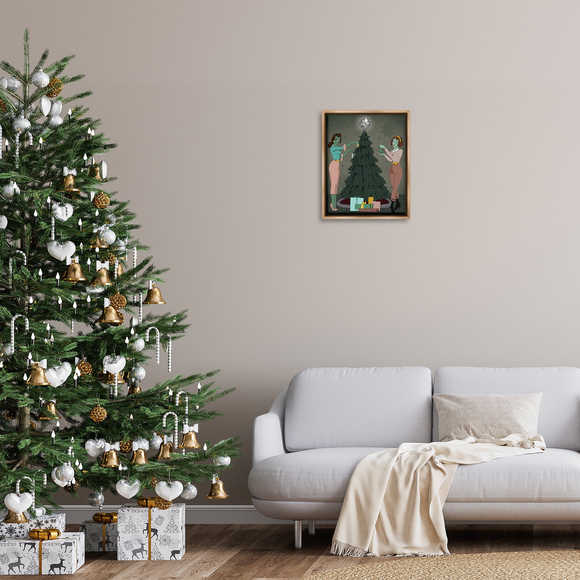 Stupell Industries Girls & Christmas Tree Holiday Painting Brown Floater Framed Art Print Wall Art, 17 x 21