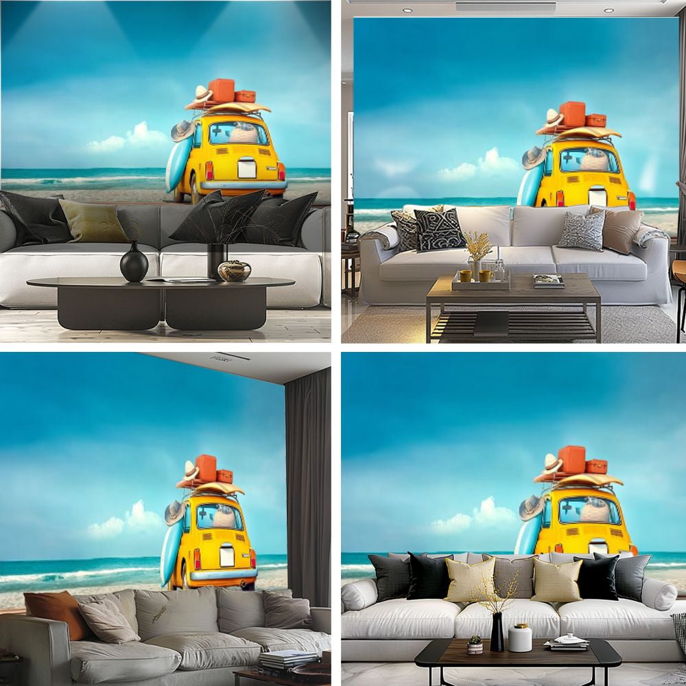 Peel and Stick Wallpaper Small retro car baggage luggage beach equipment roof fully packed Modern Art Wall Mural Decor Self Adhesive and Removable 69in x 98in