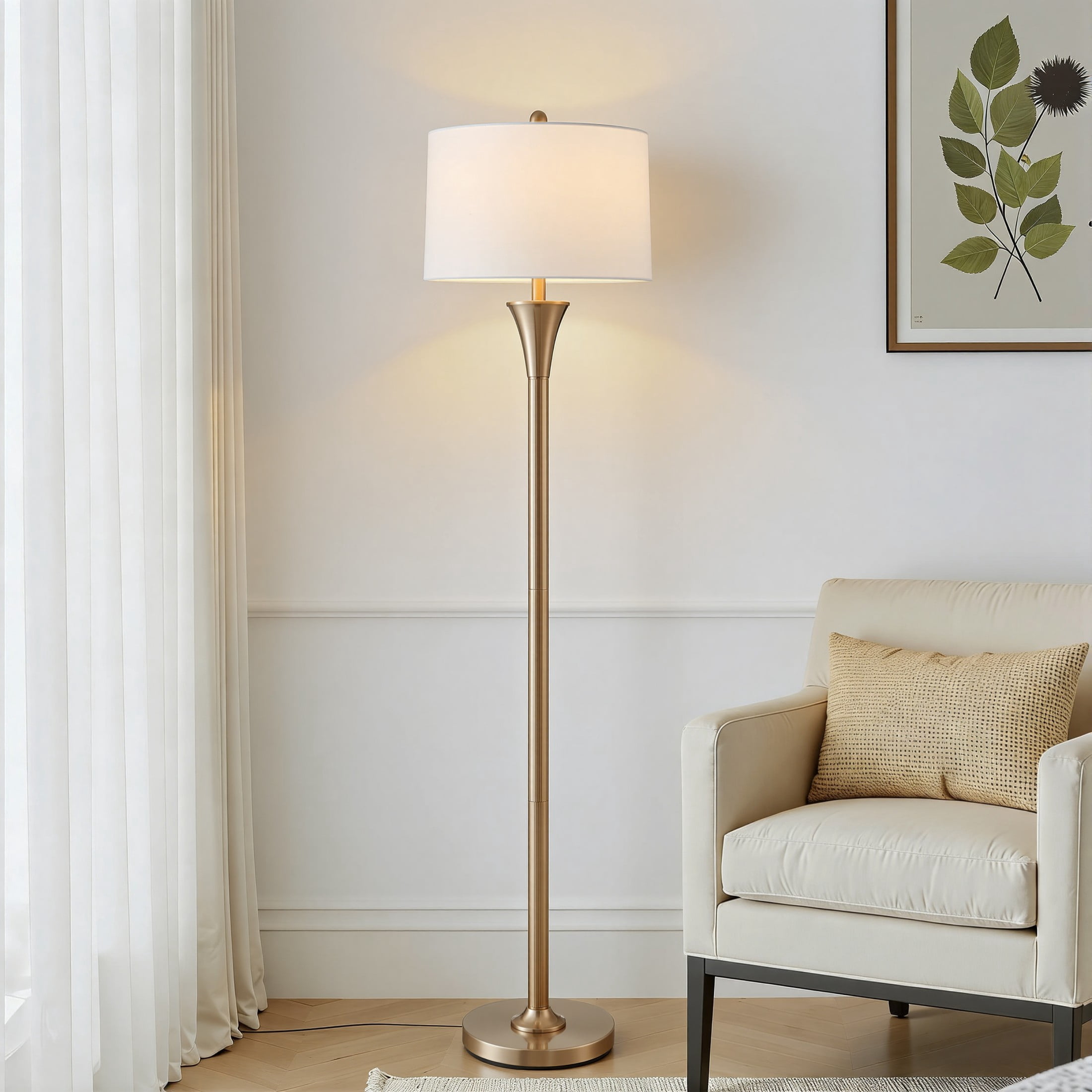 KAWOTI 66'' Champagne Standing Floor Lamp with Drum Shade for Living Room Bedroom Office