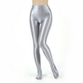 thumbnail image 2 of TiaoBug Women's Oil Glossy High Waist Pantyhose Solid Color Tummy Control Compression Leggings Silver M, 2 of 6