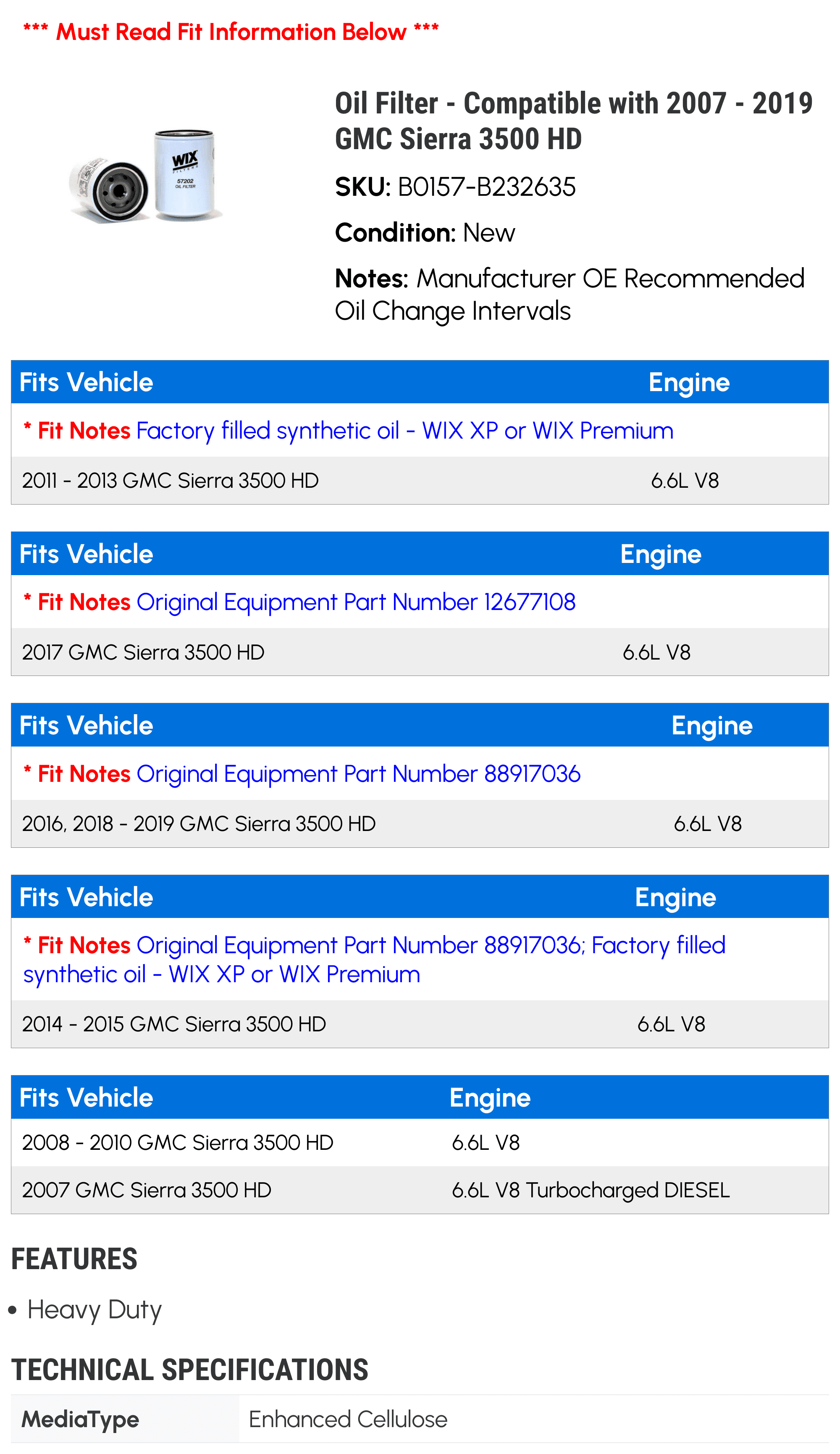 Oil Filter - Compatible with 2007 - 2019 GMC Sierra 3500 HD 2008 2009 2010 2011 2012 2013 2014 2015 2016 2017 2018