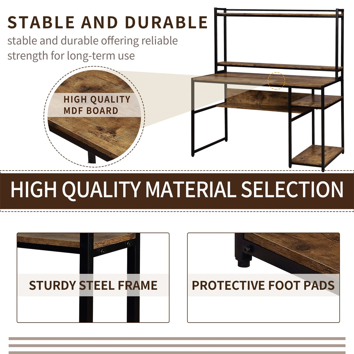 Home Office Computer Desk with 2-Tier Bookshelf and Storage Shelf, Removable Monitor Riser