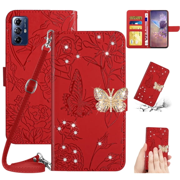 Case for Motorola Moto G Play 6.5" 2023, [Crossbody/Wrist Lanyard] PU Leather Embossed Butterfly [Diamond Clasp] Card Slots Kickstand Shockproof Glitter Wallet Shell, Red