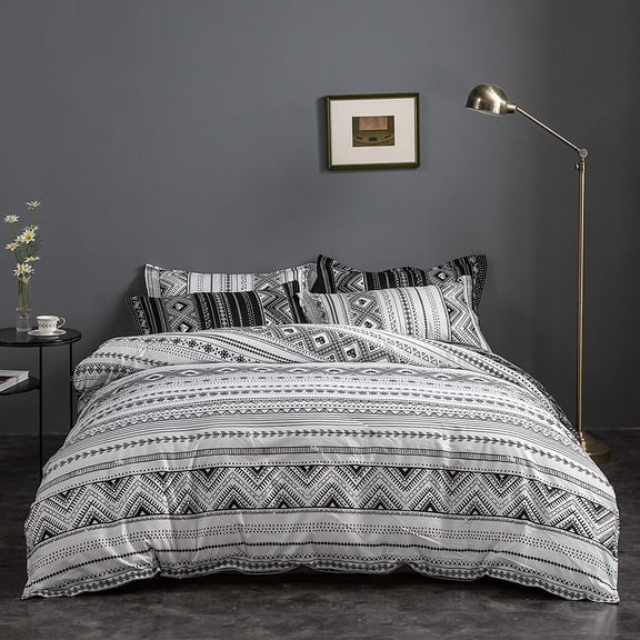 Black and White Boho Aztec 3-Piece Bedding Set: Duvet Cover and Two Pillowcase