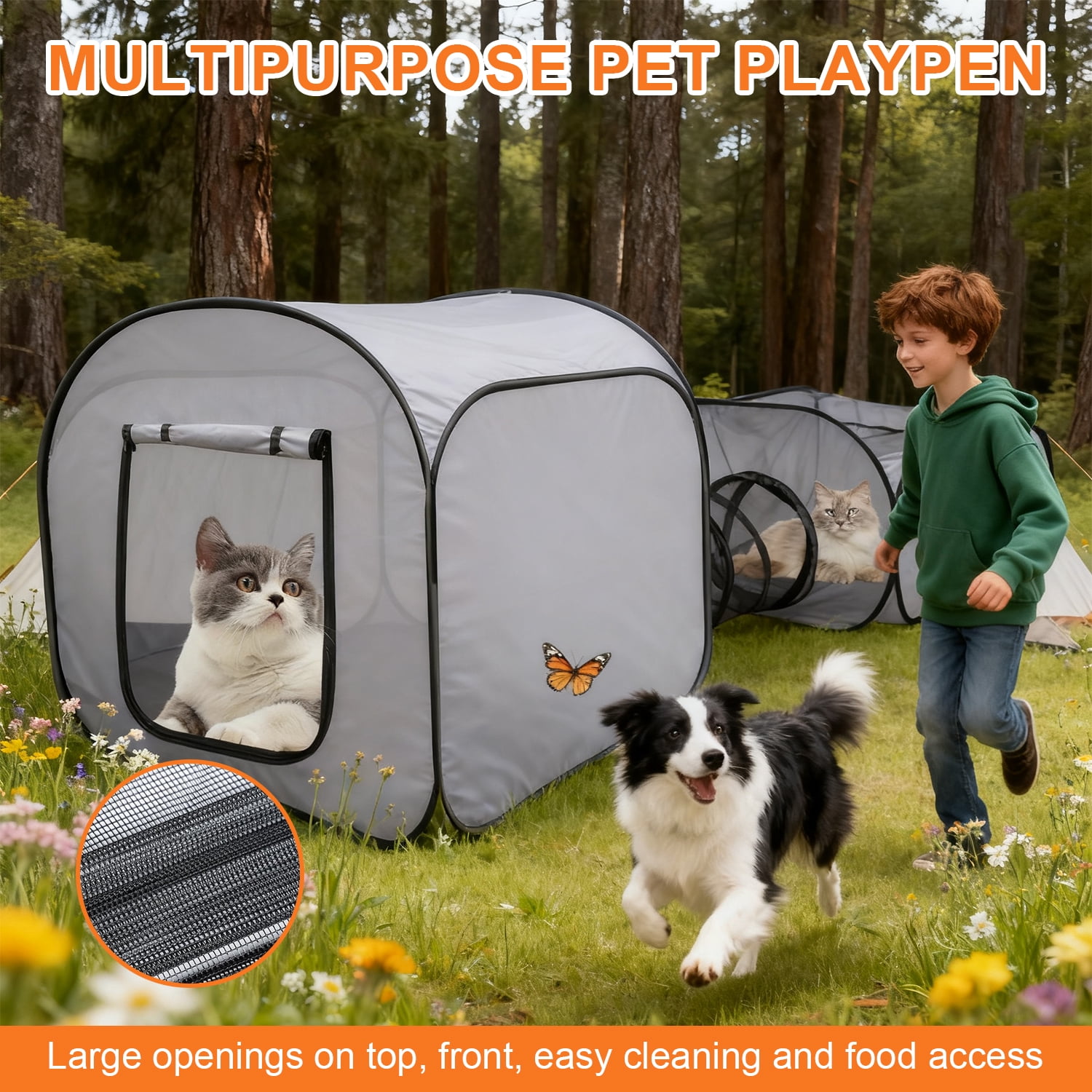 Portable Collapsible Small Pet Playpen - Breathable Mesh Fence with Attached Tunnel, Indoor Outdoor Soft-Edge Tent + Storage Bag