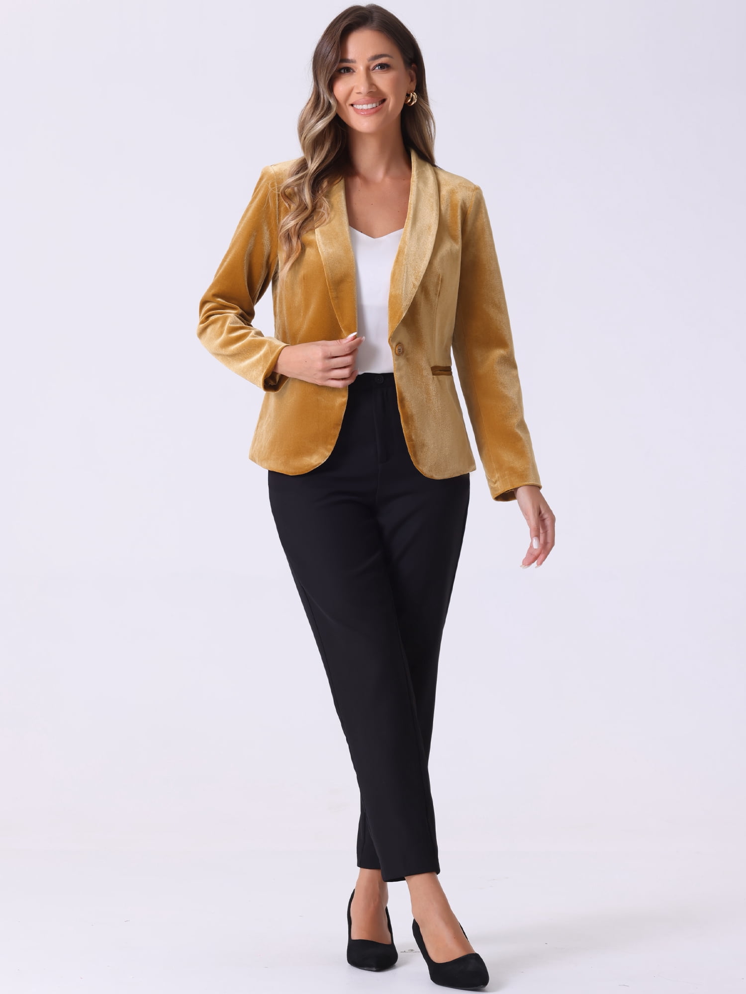 DARING DIVA Women's Velvet Office Coat Solid Shawl Collar Blazer S Dark Yellow