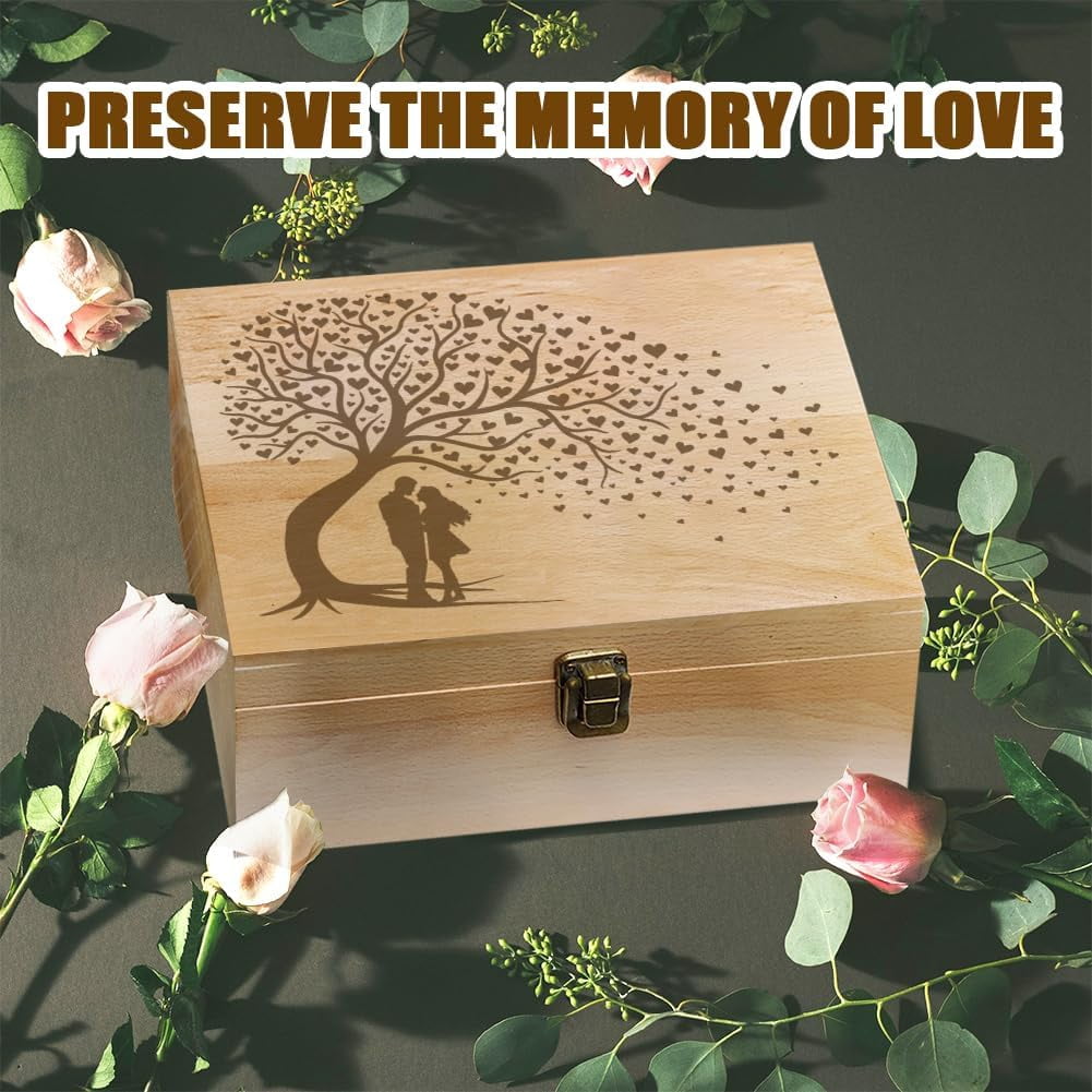 1 Pc Love Theme Wooden Memory Keepsake Box Hugged Couple Love Tree Box with Hinged Lid and Lock Storage Box Stash Box for Photo Letter Wedding Valentine 7.6x9.6x4inch(19.5x24.5x10.3cm) for DIY