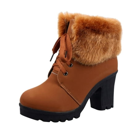 

nsendm Flat Boots Women Mid-high-heeled Boots Shoes Hairy Thick-heeled And Brick Boots Women Low Heel And Buckles Brown 8.5