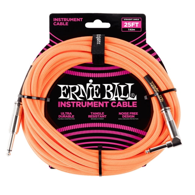 Ernie Ball Braided Instrument Cable - 1/4" TS to Right Angle 1/4" TS, 25', Neon Orange