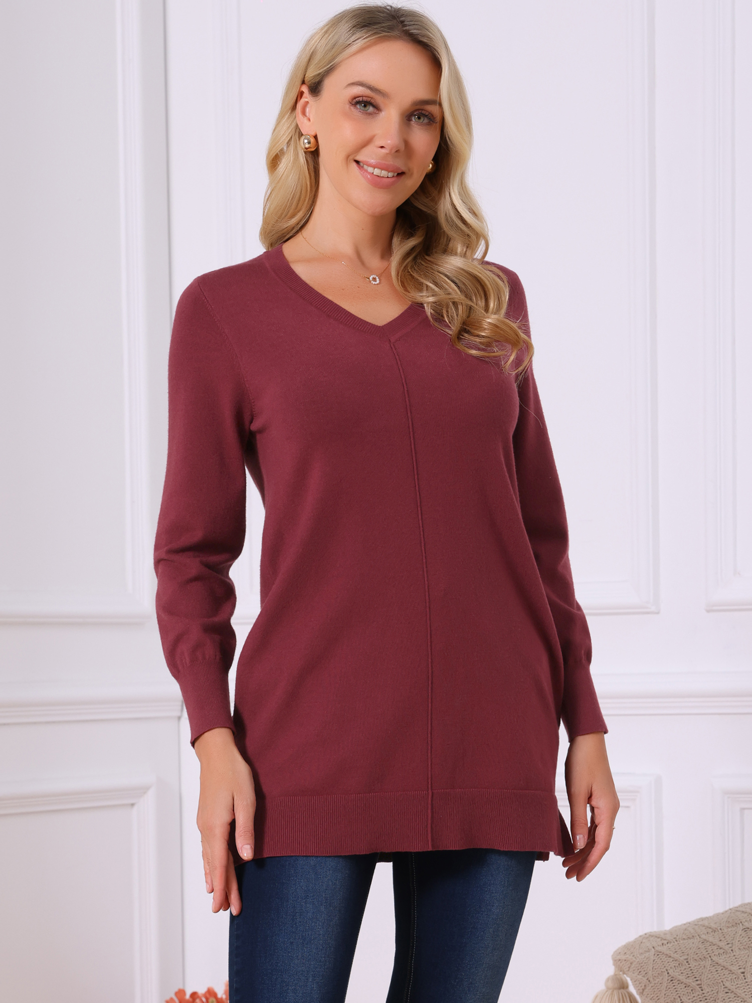 DARING DIVA V Neck Long Sleeve Chunky Knit Pullover Sweater XL Wine Red