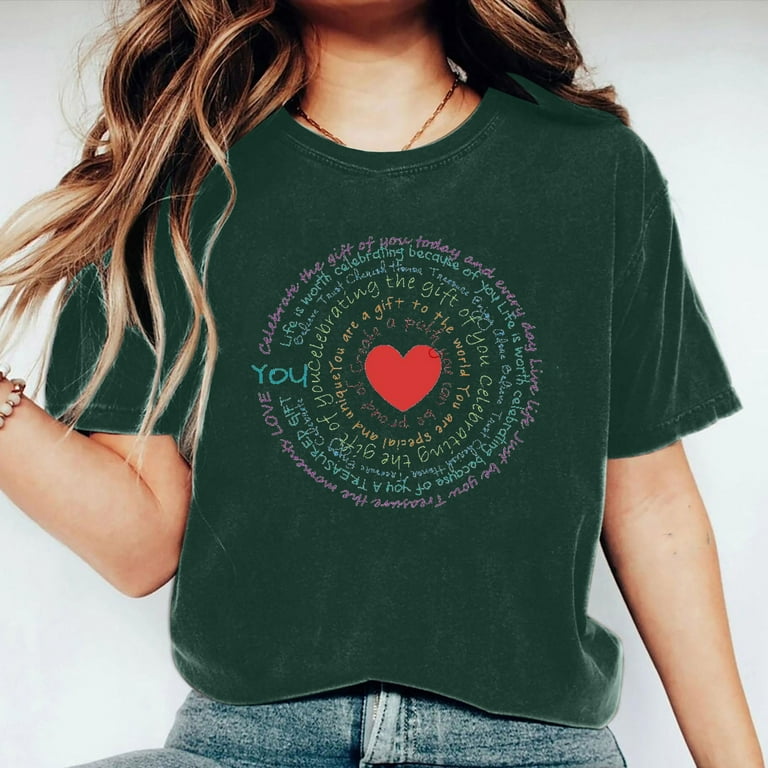 WREESH Womens Fashion T Shirts Crewneck Cute Work Tops Girls Short Sleeve Out Blouse Valentine s Day Letter Heart Print Gift Shirt T Shirt Tops Pullover Olive Green Walmart