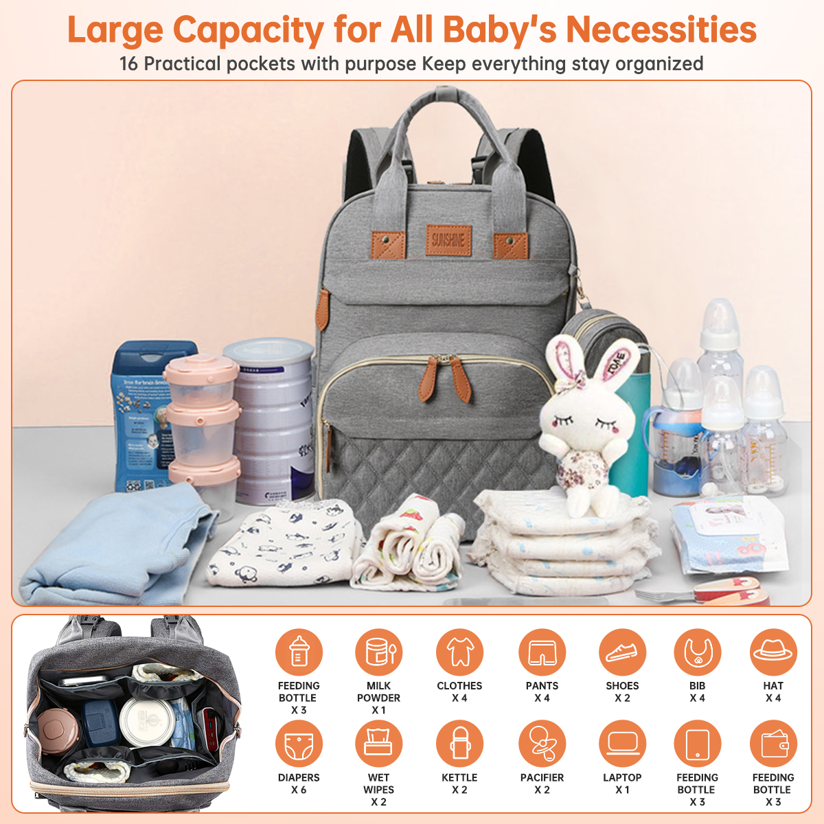 Diaper Bag Backpack, Multifunction Baby Diaper Bag with Changing Station, Large Capacity Waterproof Travel Backpack w/ Pacifier Case & USB Charging, Baby Stuff Organizer, Unisex Shower Gifts(Grey) - image 4 of 7