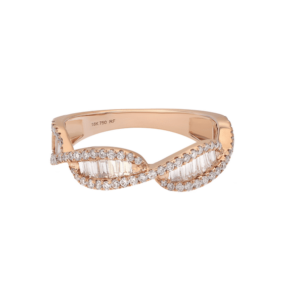 Baguette & Round Cut Diamond Twist Band Ring 18K Rose Gold 0.81cttw Size 6.75