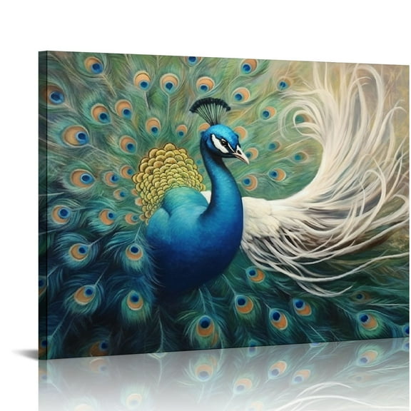 JEUXUS Large Peacock Canvas Wall Art Vintage Blue and White Peacock Feather Painting Picture Artwork for Living Room Kitchen Bedroom Decor Ready to Hang