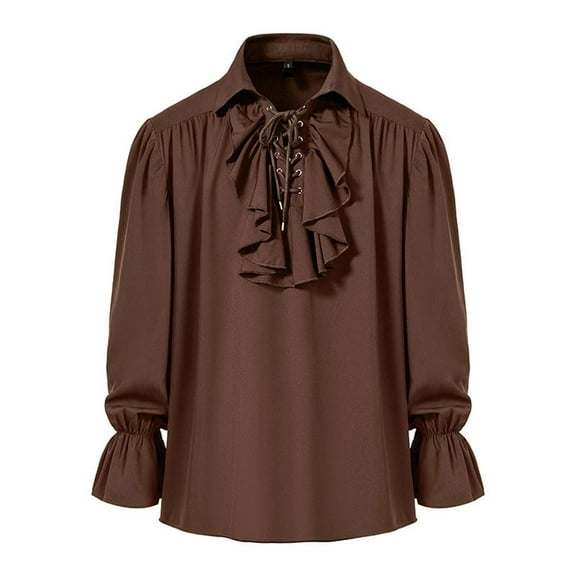 MIXUE Mens Casual Button Down Shirts Solid Color Ruffled Long Sleeve Loose Fit Casual Shirt Tops Holiday Wear,Brown,S