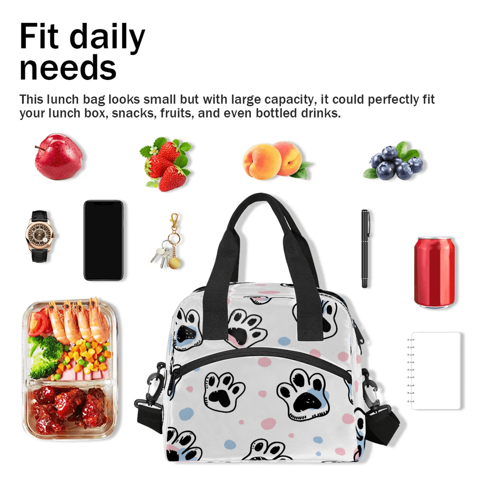 Herdesigns Dog Paw Print Insulated Lunch Bag for Women Men Adult, Reusable Insulated Cooler Lunch Box Lunch Tote Bag for Work Picnic Beach