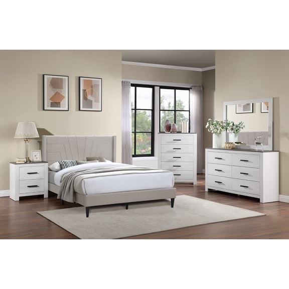 Modern Light Brown Eastern King Size Bed w Fabric Upholstery HB Dresser Mirror 2x Nightstands Chest 6pc Set Bedroom Furniture