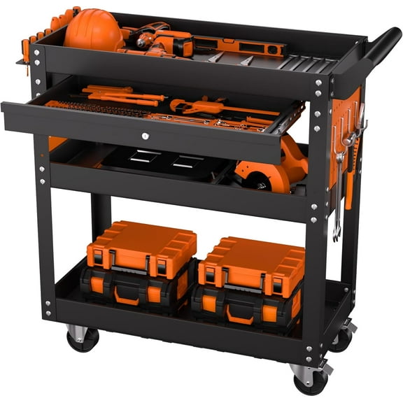 4 Tier Heavy Duty Rolling Tool Cart On Wheels, 350 Lb Capacity, Metal Utility Carts with Lockable Drawer & Side Pegboards, Mechanic Tool Storage Organizer for Garage Workshop Repair Shop
