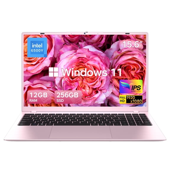 HYYUO 15.6" Laptop Computer, 12GB RAM 256GB SSD, Intel 6500Y with 2 Cores 4 Thread, up to 3.4GHz, FHD Display, Laptop for Business, Student, Office, Pink, Lightweight, Windows 11 Laptop
