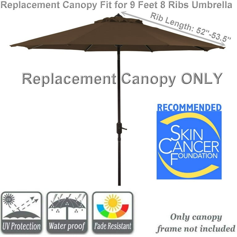 9ft rectangular patio umbrella replacement canopy 8 ribs Top for Stripes EACH rib must measure 52 to 54 300 denier polyester fabric with UV treated and water repellent Sunbrella Fabric Canvas Blue 9'