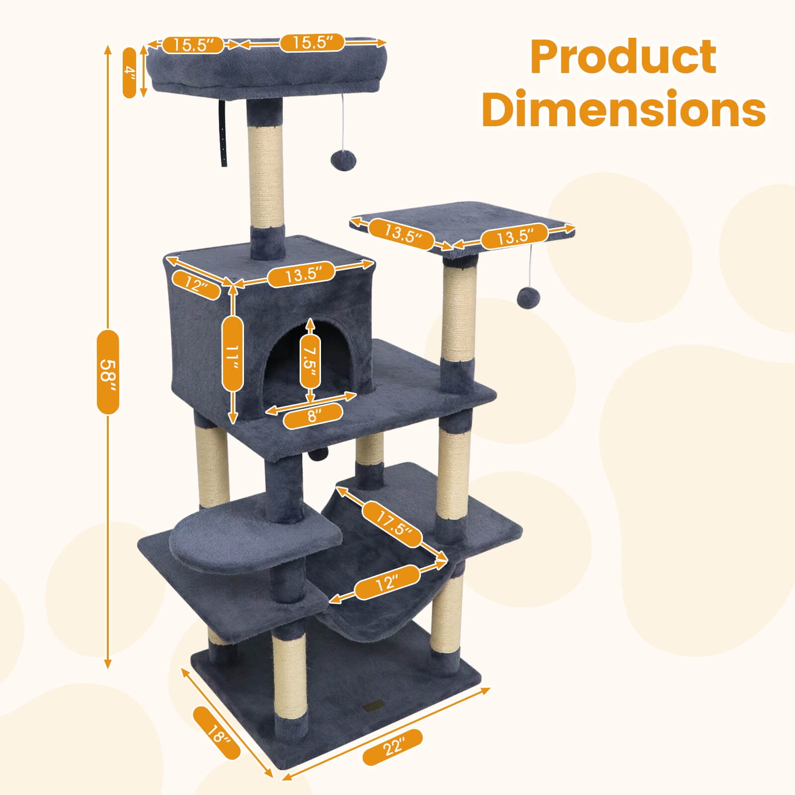 Costway 58” Tall Multi-level Cat Tree with Upholstered Perch & Cat Condo, Comfy Hammock Dark Gray