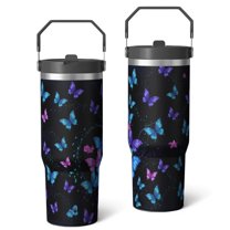 30 Oz Tumbler Blue and Purple Butterflies Tumbler with Lid and Straw, Birthday Gift Cup for Friend Women Men Coffee Travel Mug Thanksgiving Day Halloween Christmas Gift Water Bottle