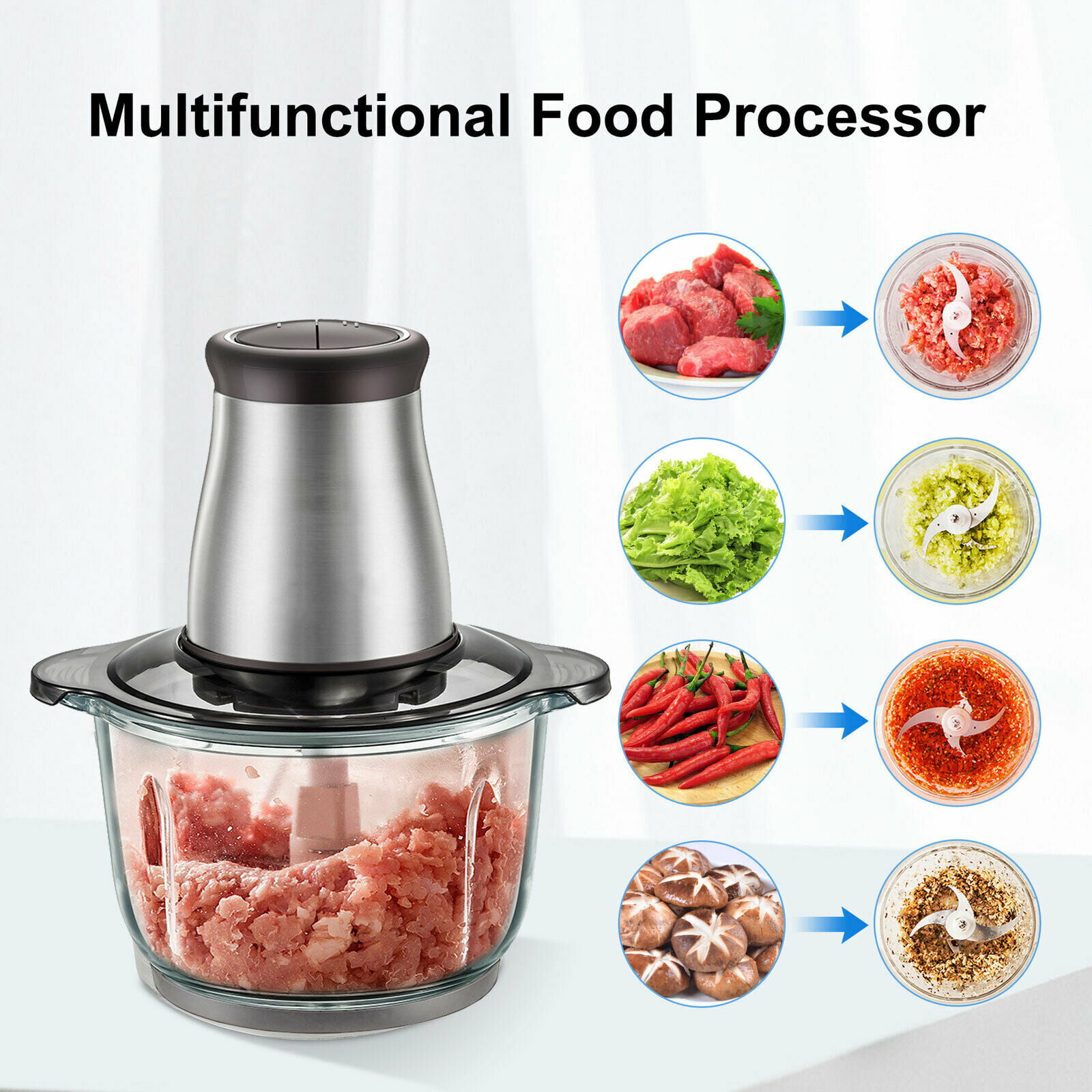 Qinkada Meat Grinder with 2 Stainless Steel Bowls, 500W Electric Food Processors, 3 Speed, 4 Bi-Level Bladesand Spatula for Baby Food, Meat, Onion, Ve