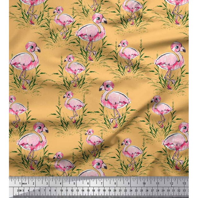 Soimoi Orange Moss Georgette Fabric Grass & Flamingo Bird Print Fabric by the Yard 42 Inch Wide