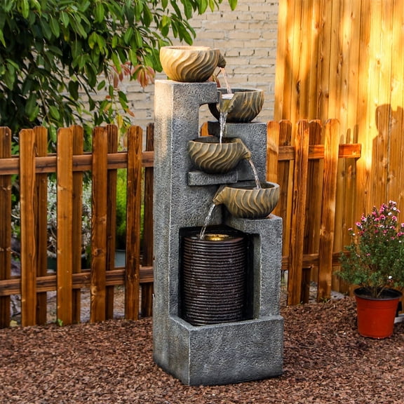 44.09''H Outdoor Garden Water Fountain with LED Lights Bowl Cascading Floor Standing Waterfall Fountains Indoor 5-Tiered Water Feature Decor for Backyard Lawn Porch Deck
