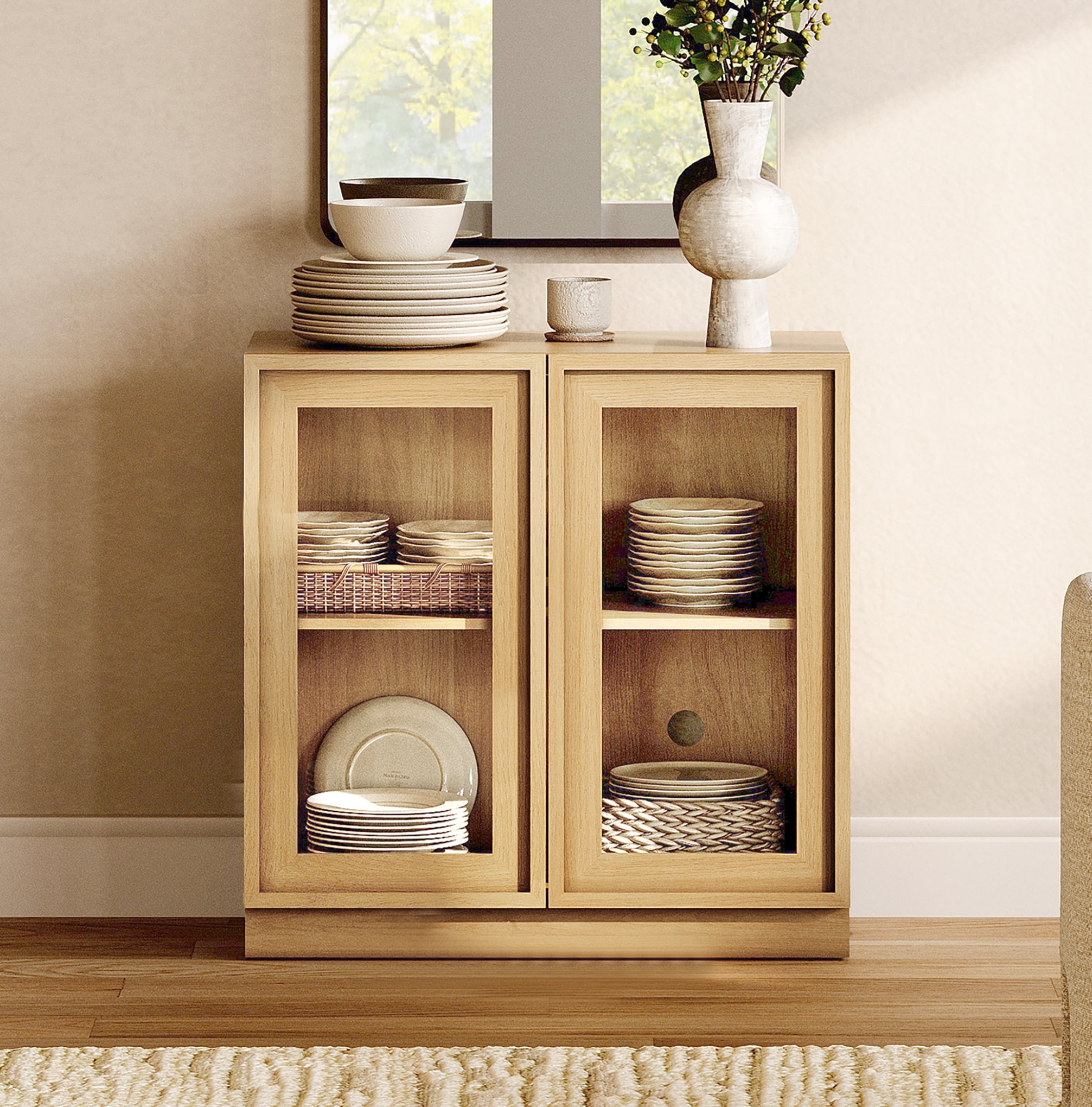 31.5" Modern Sideboard Buffet Cabinet with 2 Glass Doors, Multifunctional Sideboard with Large Storage and Adjustable Shelf, Oak