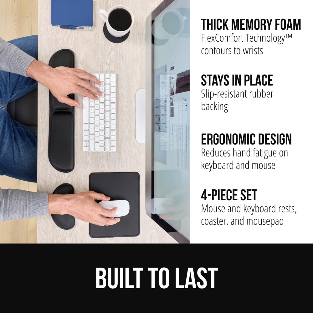 Silky Memory Foam Keyboard Wrist Rest and Mouse Pad for Computer, Ergonomic Typing Support, Desk Office Supplies and Gaming Accessories, Hand & Arm Mousepad Cushions and Coaster Set Black