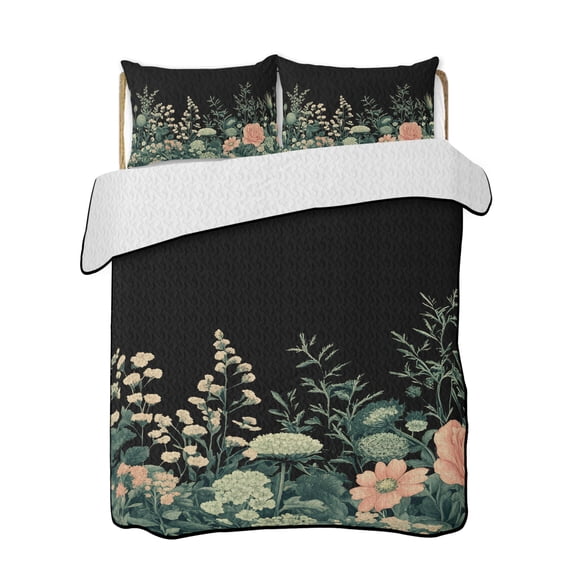 Spring Floral Quilts Bedding Set Twin Size Watercolor Flowers Pink Rose Black Background Lightweight Quilted Bedspread 3 Piece Bed Quilt with 2 Pillow Shams All Season for Bedroom 68" x 86"