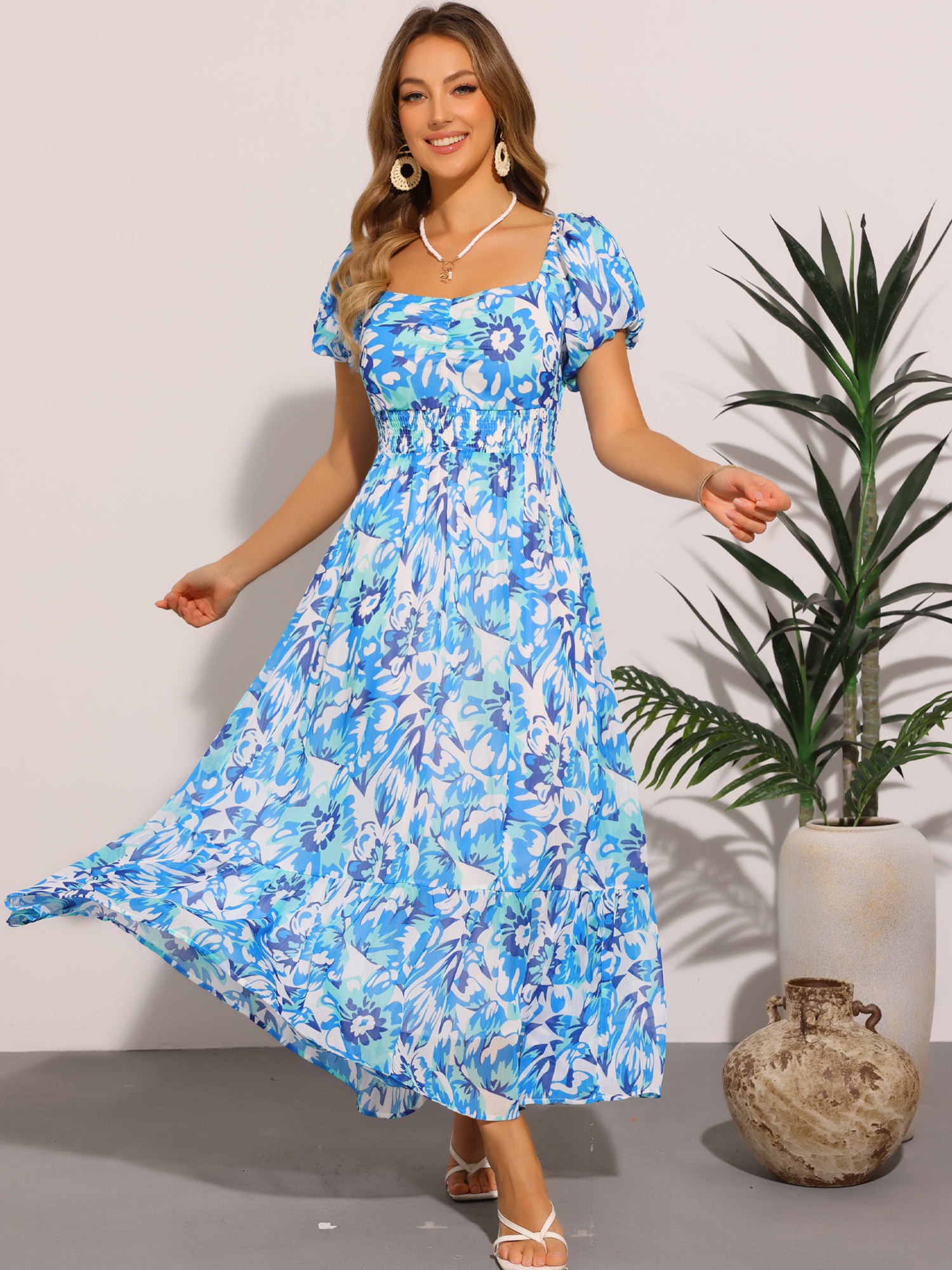 DARING DIVA Square Neck High Waist Smocked Back Flowy Tiered Maxi Dress XS Blue