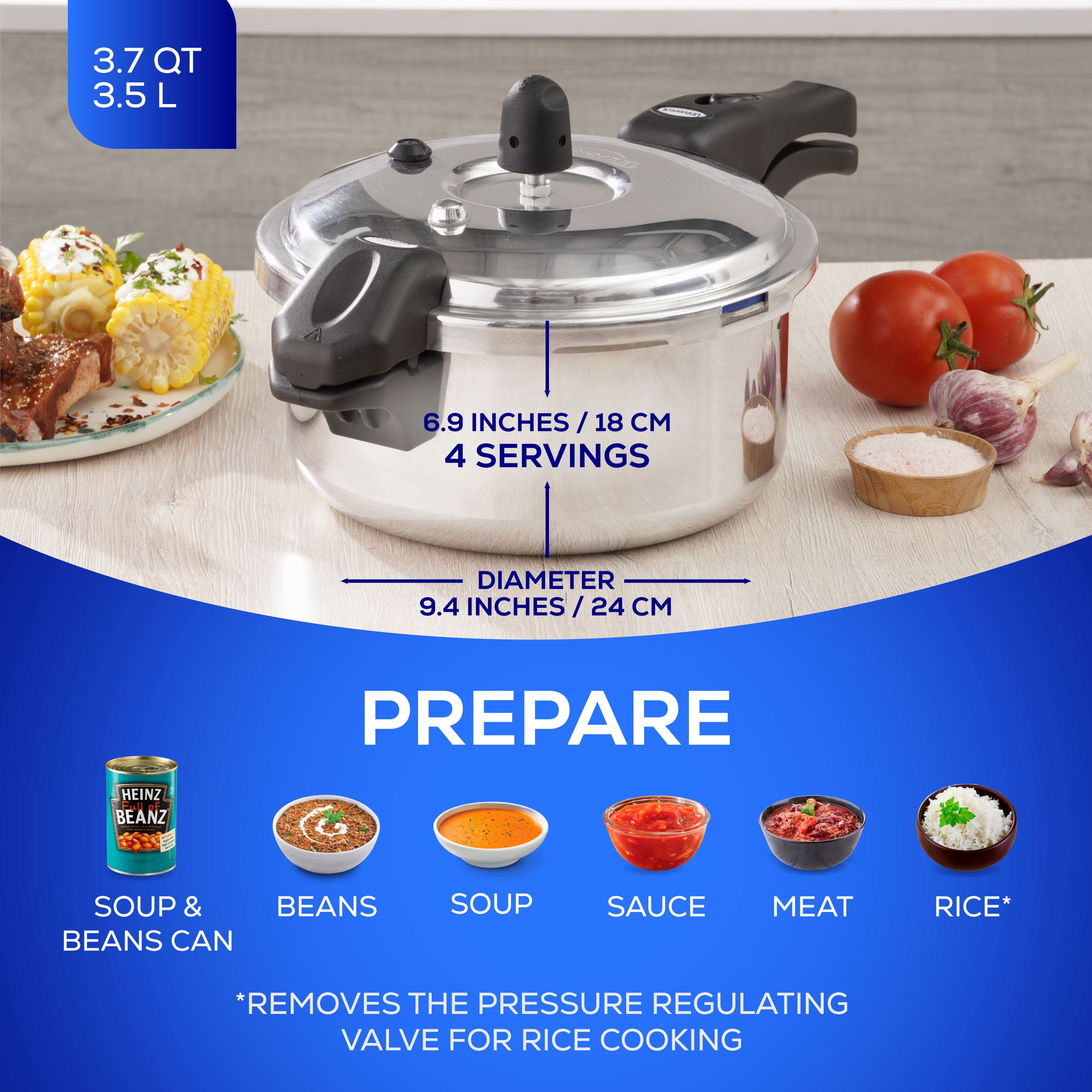 Universal (3.7 Quart / 3 Liter) Ultra Pressure Cooker, Pressure Pot with 6 Safety Systems, Aluminum Pressure Cooker for 4 Servings, Even Heat Distribution, Diameter 9.4 inches, Height 7 inches