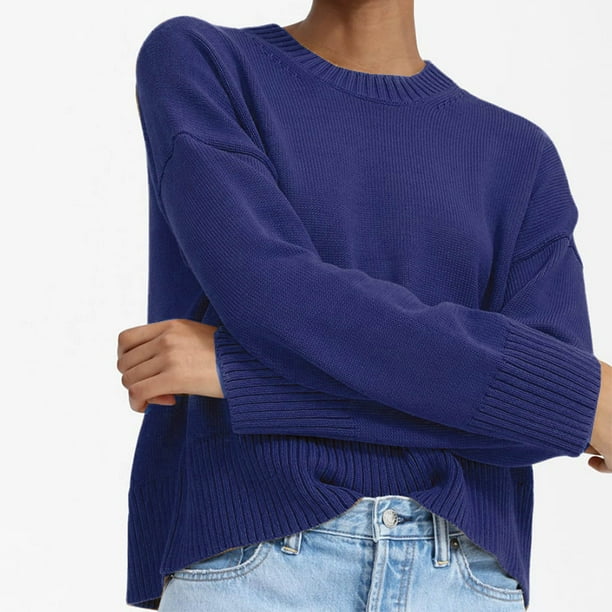 Pntutb Suéter de manga larga sólido de moda para mujer Suéter de punto suelto con cuello redondo Pntutb Pntutb-1179