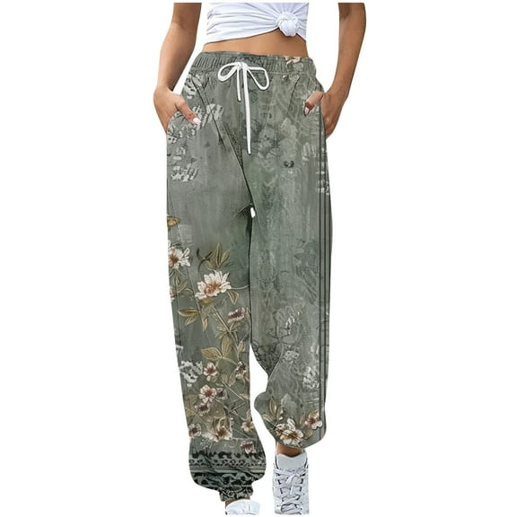 Aueoeo Women's Flower Printed Sweatpants High Waisted Drawstring Pant Ankle Binding Workout Pants With Pockets Multicolor L