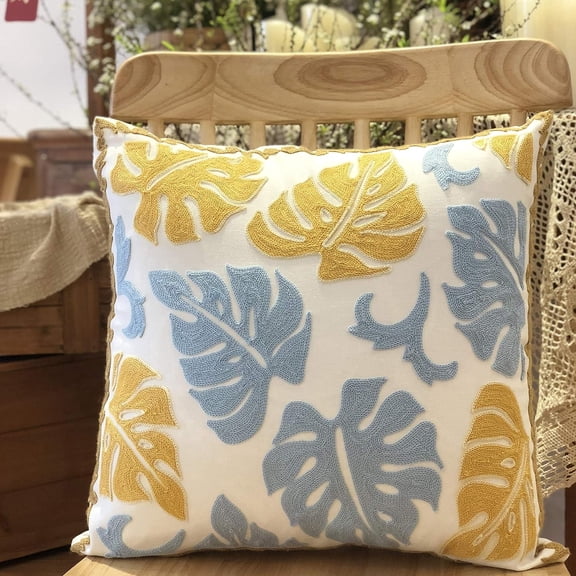 Boho Pillow Covers, Decorative Pillowcase, Square Embroidery Throw Pillows Cushion Set for Sofa Couch Bed Bench Living Room, Modern Plant Floral Pattern, 18 x18 inch (Monstera)